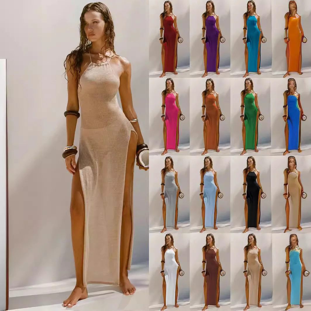 2025 Kintted Cover Up Beach Sexy See Through Maxi Slit Bodycon Summer Dress Bikinis Cover-ups  Elegant Halter Beachdress