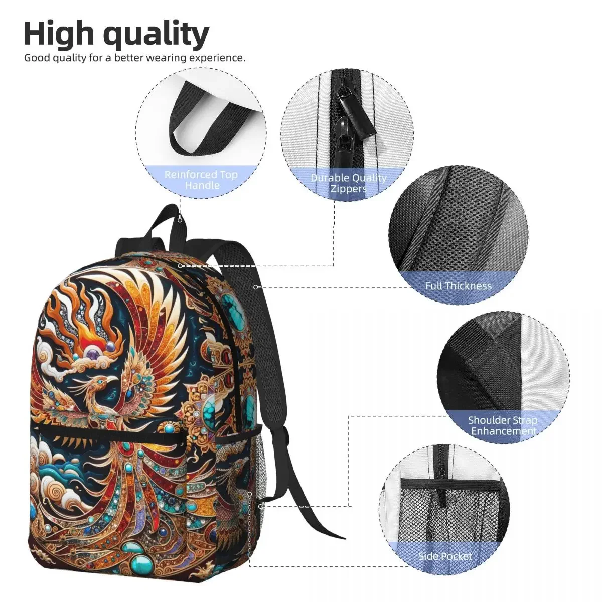 Phoenix Floral Print Backpack Student BookBag Kids School Bag Computer Shoulder Bags for Men Women