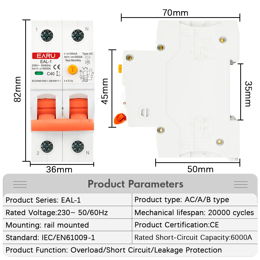 2P 30mA AC A B Type RCBO RCCB MCB Electronic Residual Current Circuit Breaker Over Short Current Leakage Protection EV Charger