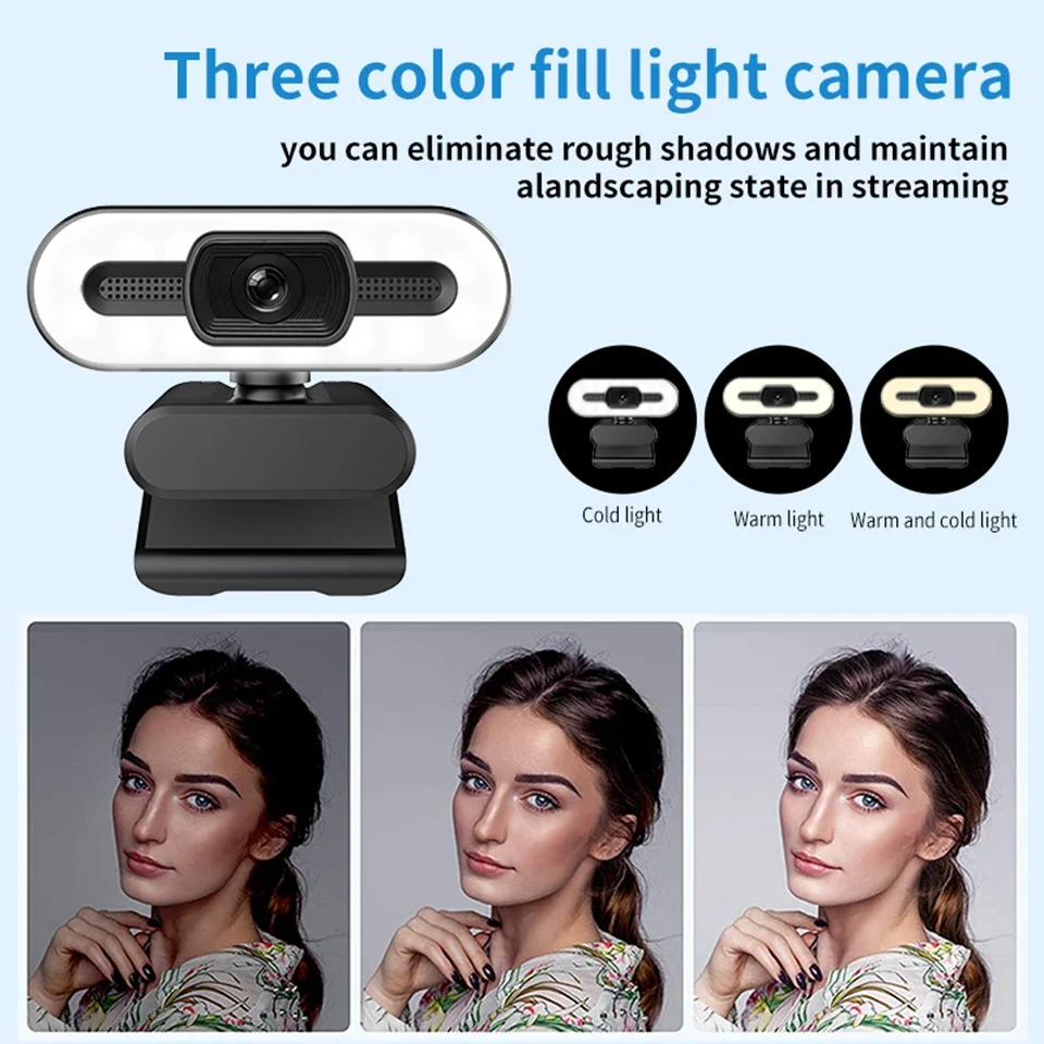 Webcam Portable Full HD 1080P 2K 4K, pour PC Latops, mise au point automatique, lumière de remplissage, caméra Web avec Microphone pour conférence en direct en réseau