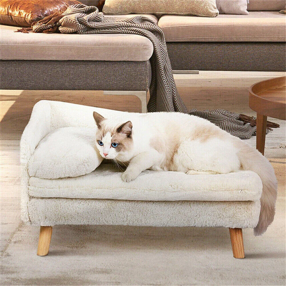 Luxury Elevated Dog Sofa Bed with Backrest Plush Cushion Wooden Legs Raised Dog Bed Lounger Chair for Small Medium Dog Cat Chair