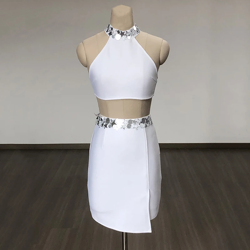 White Sequins Bandage Skirt Set Women Summer New Halter Crop Top And Split Mini Skirt Sets Sexy Fashion Two Pieces Sets BA358