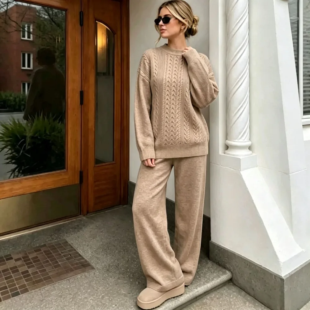 Casual Twist Knitted Suit Women's 2026 New Round Neck Pullover Sweater Wide-leg Pants Two-piece Set Trendy Texture Fashion