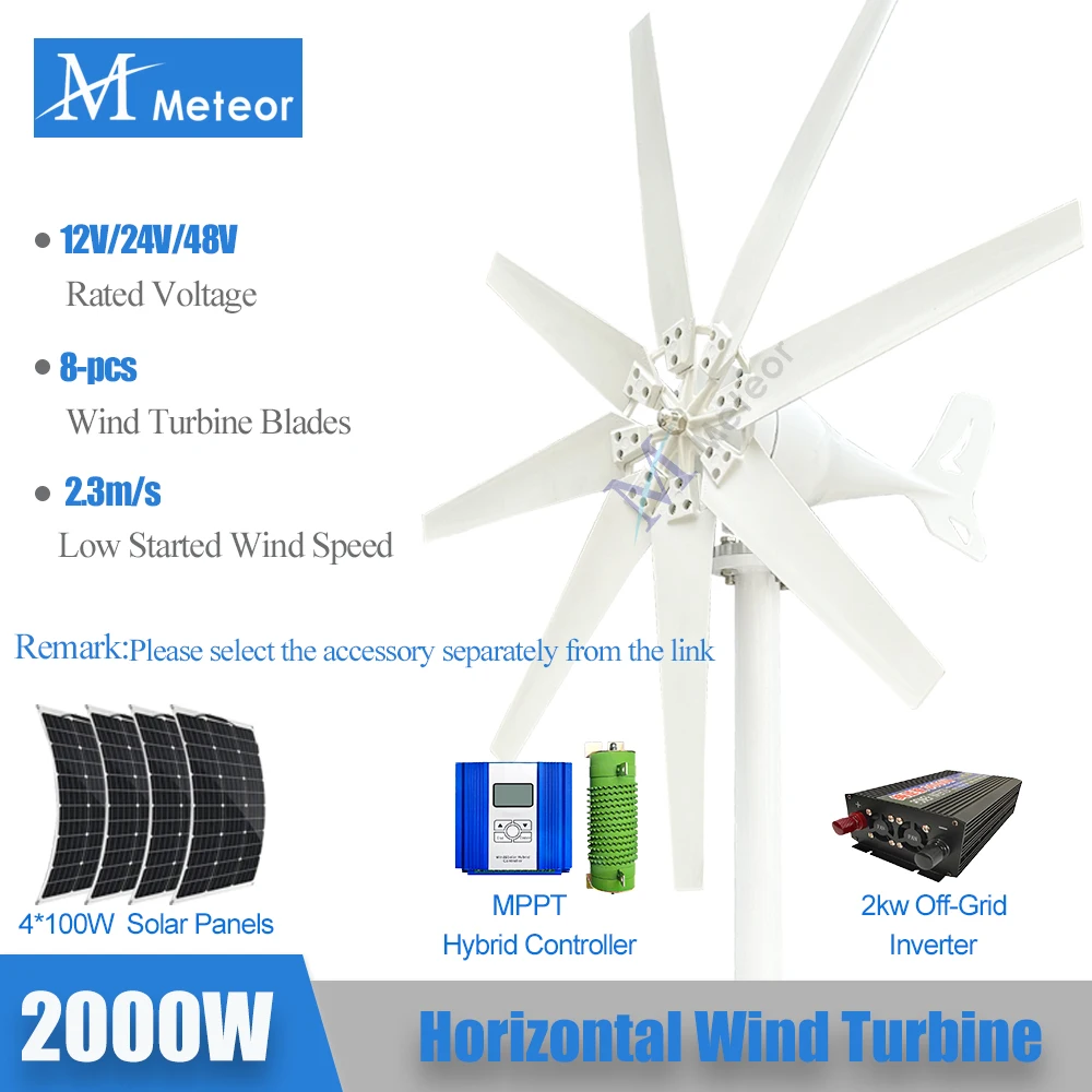 2kw Horizontal Wind Turbine Generator 48V 24V 12V Free Energy Magnetic Dynamo Strong Power 220v Inverter Output For Home