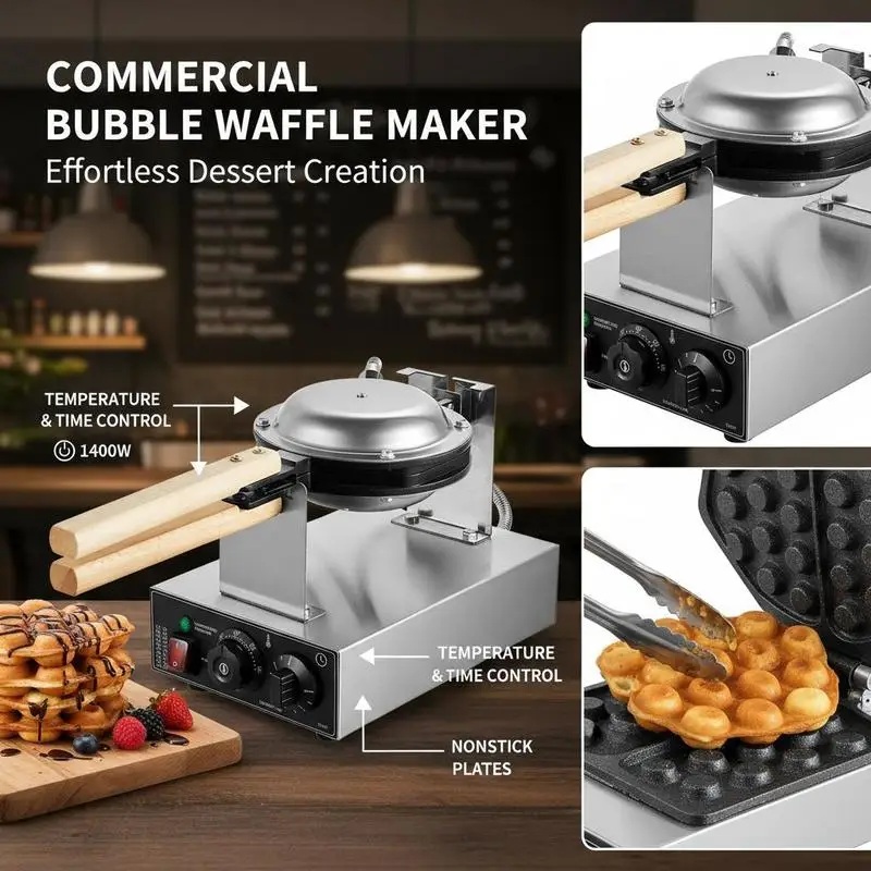 Gaufrier commercial à bulles pour crêpes aux œufs, 1400 W, en acier inoxydable avec revêtement antiadhésif, réglage de la température et du temps, pour restaurants, boulangeries et bars à en-cas