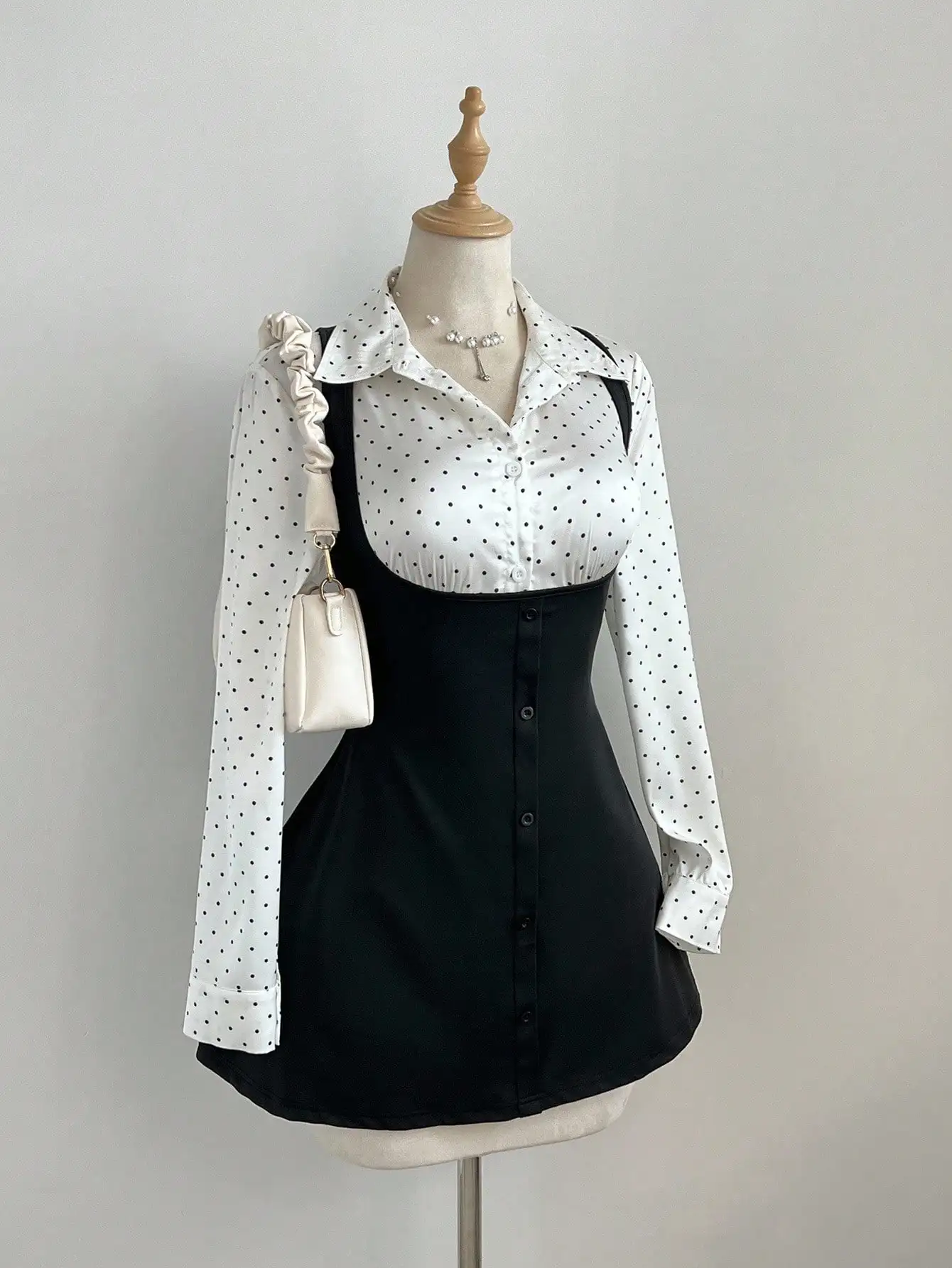 Women Satin Polka Dot Long Sleeve Shirt And Slip Dress 2-Piece Set