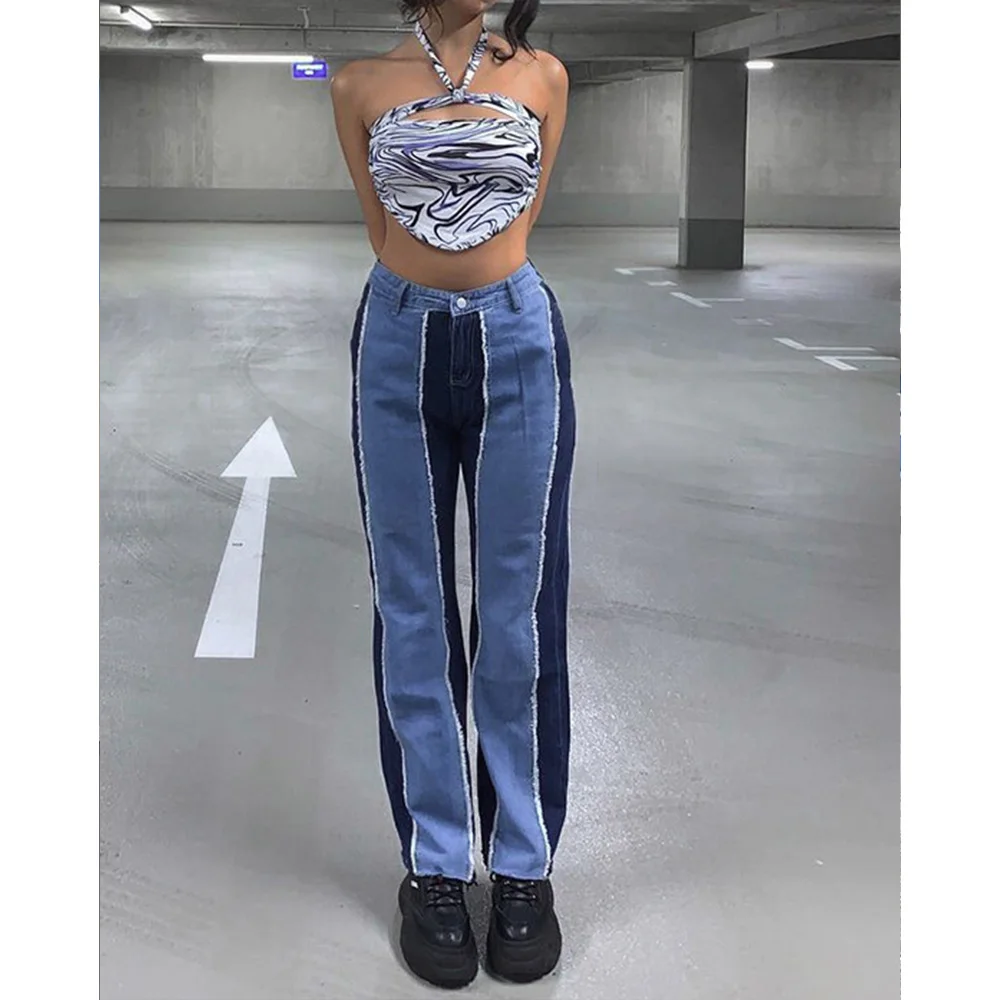 Hoch taillierte lässige gerade Hose Damen jeans neue Herbst mode Patchwork Slim Fit Jeans lässige Streetwork-Jeans hose