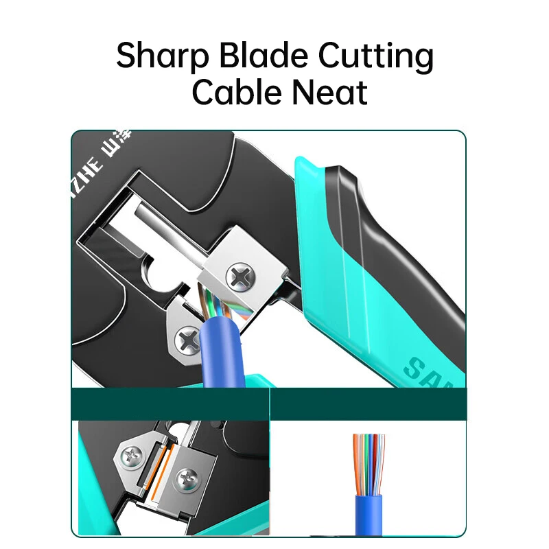 SAMZHE RJ45 Pinza a crimpare Pass Through Crimper Stripper Cutter per Cat7 Cat6 Cat5e 8P8C Connettore modulare Strumento per cavi Ethernet