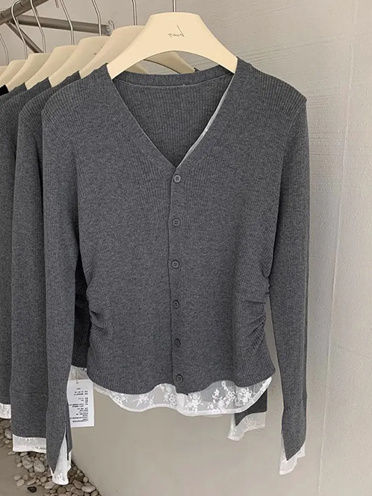 سترة عصرية كورية من الدانتيل محبوكة طويلة Sve مفتوحة سترة مريحة للنساء كاجوال لموسم الربيع #1