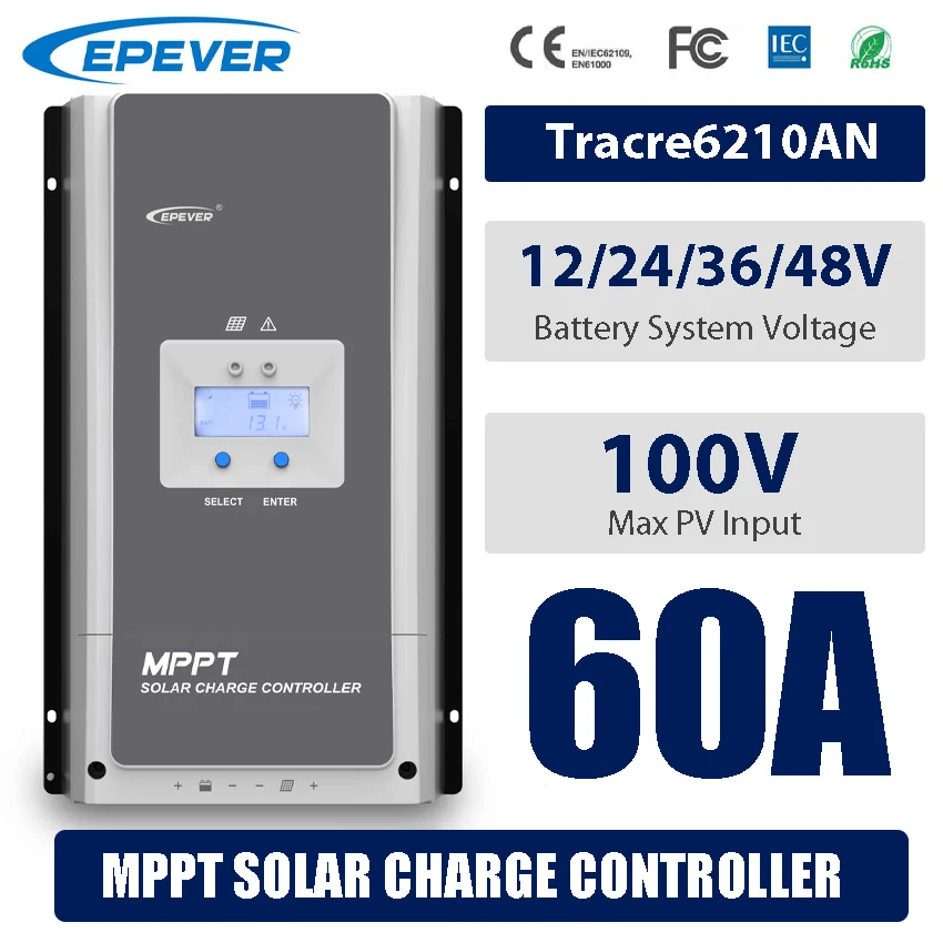 60A MPPT Solar Charge Controller Battery 12V/24V Auto DC Max 100V Solar Panel Connection EPEVER Tracer6210AN