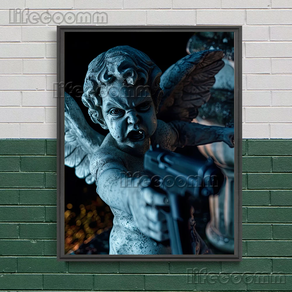 Creepy Killing Angel, Abstract Wall Art Canvas Painting, Angry Angel Horror Statue Poster, gothic Art Print, Home Decor Unframed
