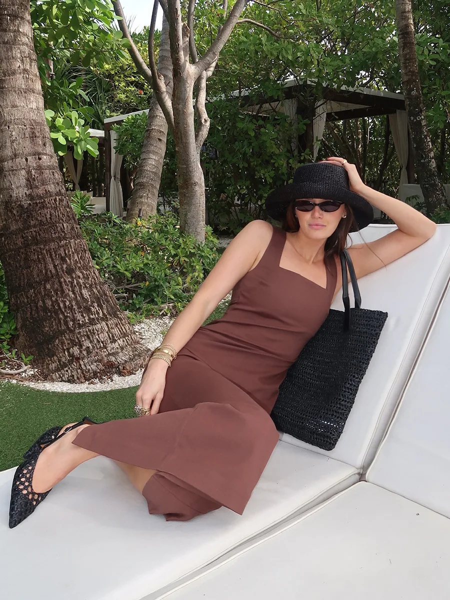 Solid Color Cotton Linen Square Neck Wide Straps Dress Fashion Slim Fit Back Split Long Dress Summer New Women's Clothing