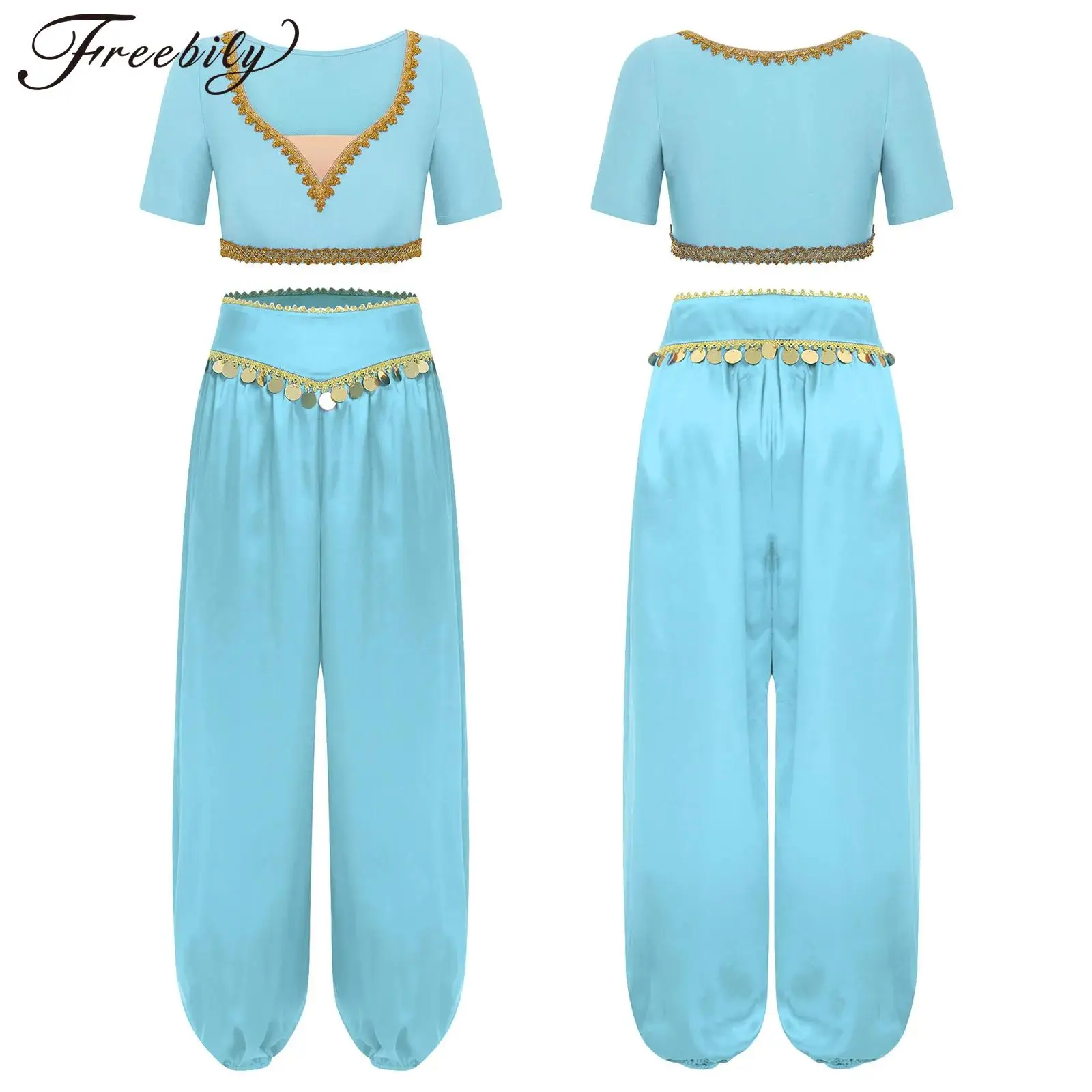 Traje de danza del vientre para mujer, disfraz de princesa Jasmine de Halloween, Top corto con pantalones con borlas de lentejuelas, Ropa de baile India