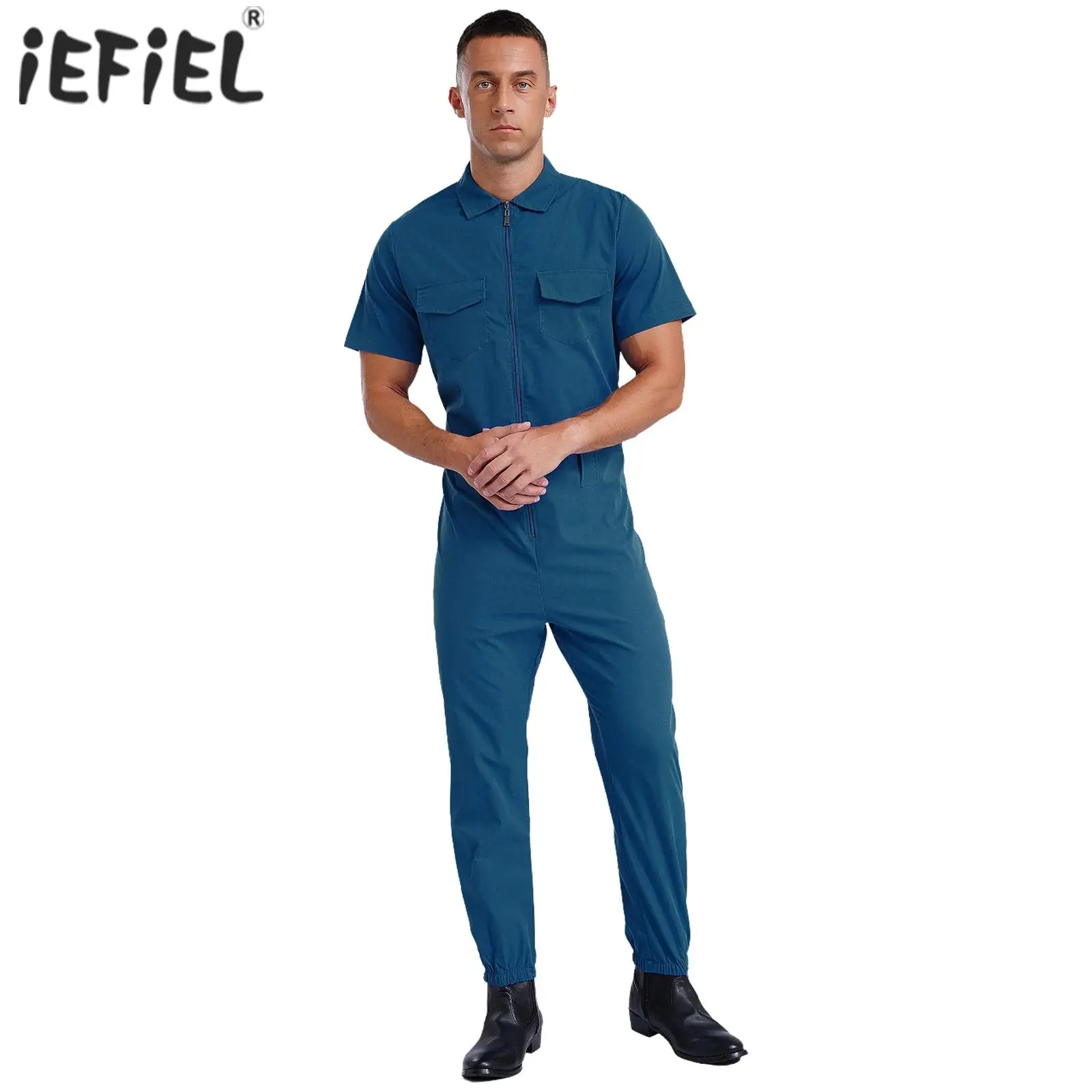 Mens Solid Color Coverall Jumpsuits Cargo Pants Shorts Sleeve Overalls Workshop Uniforms Bib Pants Zipper Pockets Rompers