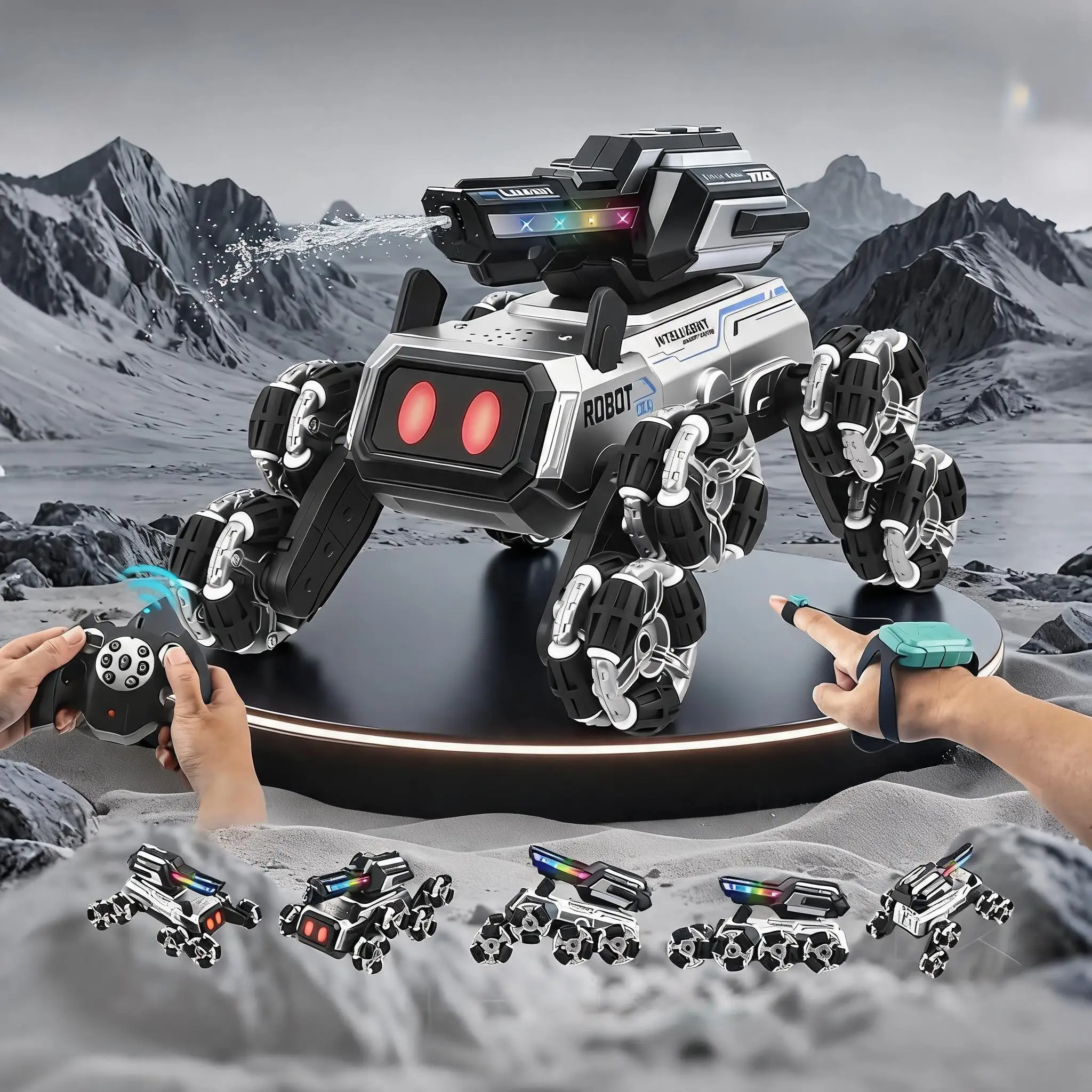 Ein achtradiges Fahrzeug mit 360°-Drehung °   Allround-Roboterhund mit integrierter Wasserpistole für maximale Interaktion, eine coole Geburtstagsüberraschung.