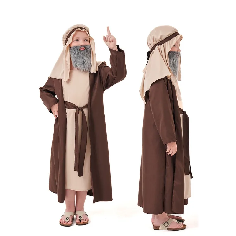 

Arab Shepherd Costume Brown Grandfather Robe Middle Eastern Children Performance Outfit Role Play