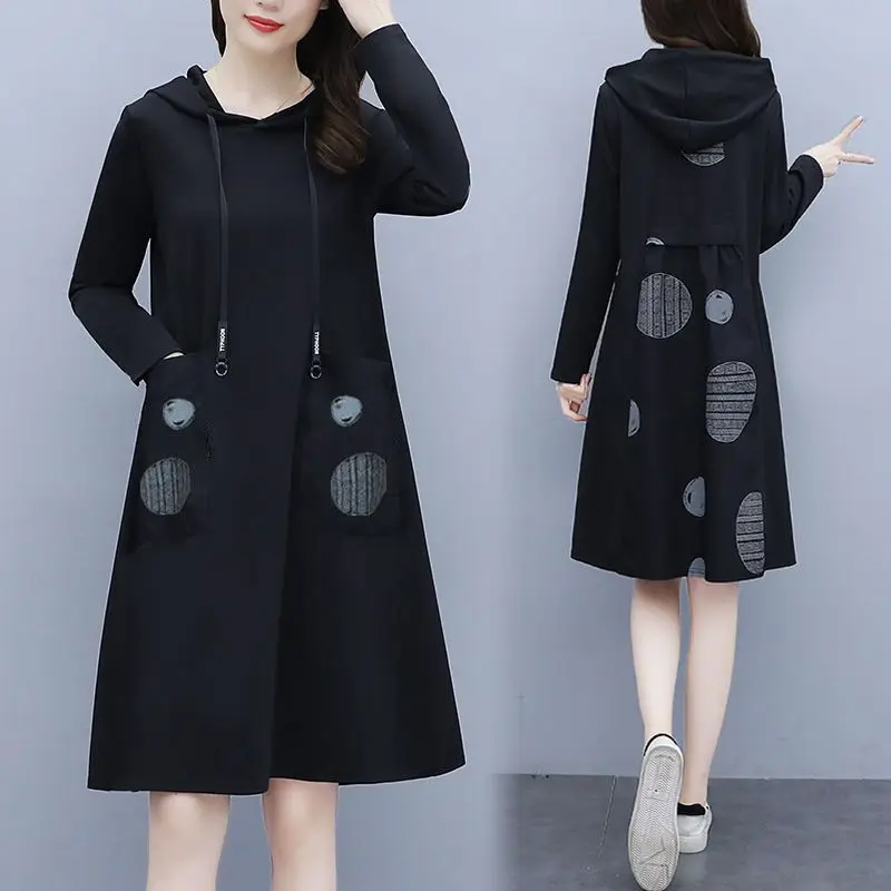 Vestido casual feminino com capuz e cordão estampado camada base coreana escritório outono inverno vestido