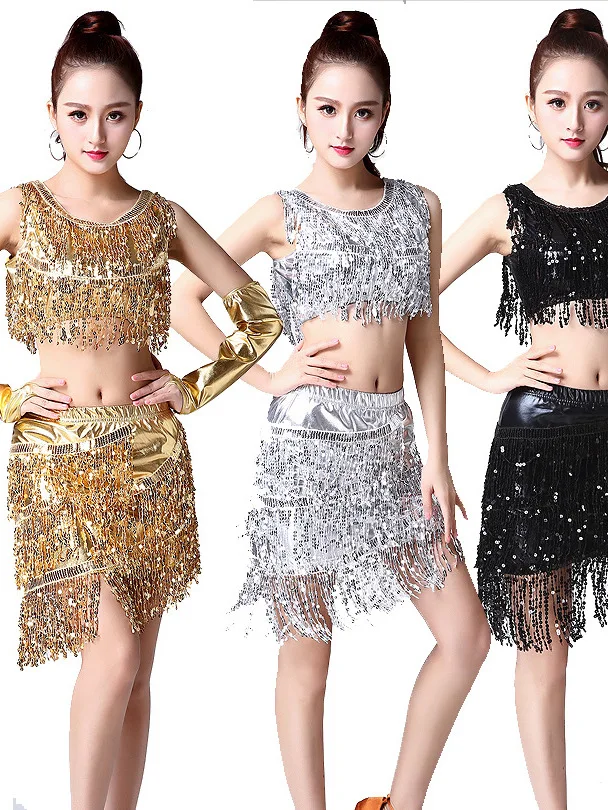 

Latin Dance Split Tassel Skirt Set Ballroom Dance Skirt Adult Latin Dance Dress Modern Stage Performance Sequin Costume