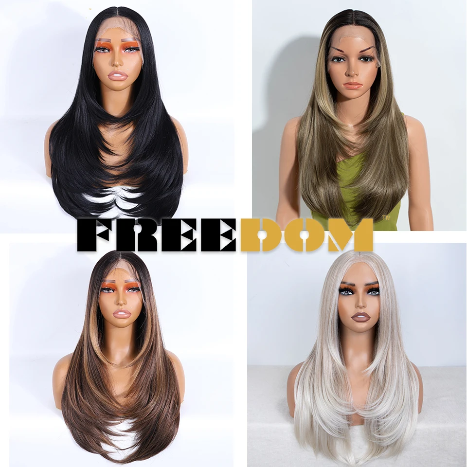 FREEDOM Synthetic Straight Lace Front Wigs Layered Cut Lace Wigs Natural Hairline 24 Inch Black Ombre Highlight Cosplay Wigs