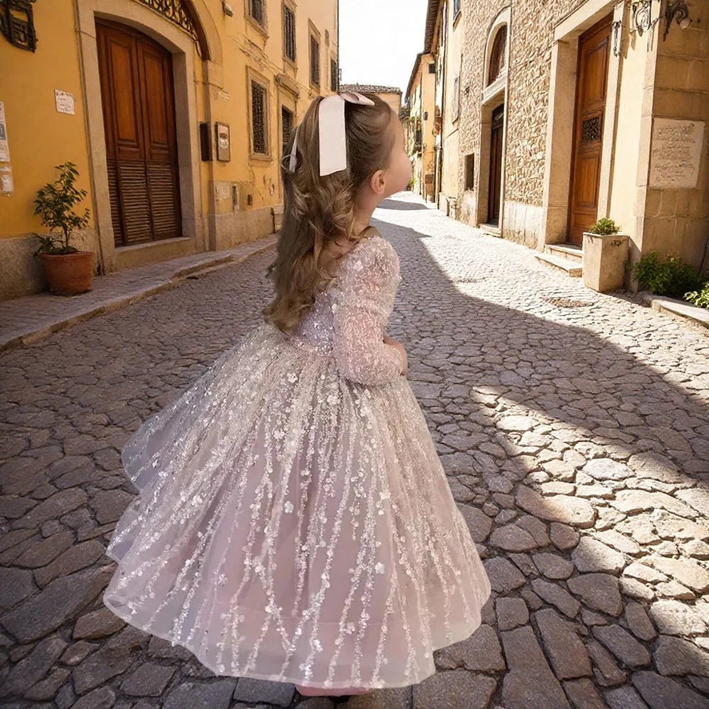 JDY Custom Sequin Tulle Flower Girl Wedding Dress Suitable For Princess Kids Birthday Party First Communion Ball Gown