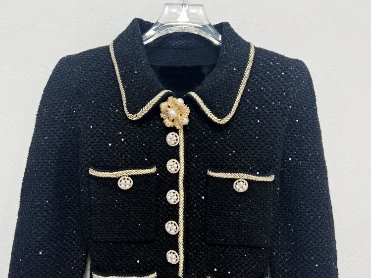 العلامة التجارية مصمم 2024 الخريف/الشتاء زر أسود محبوك فستان المرأة الصغيرة عبق نمط طويل الأكمام سترة تنورة قصيرة فساتين #6