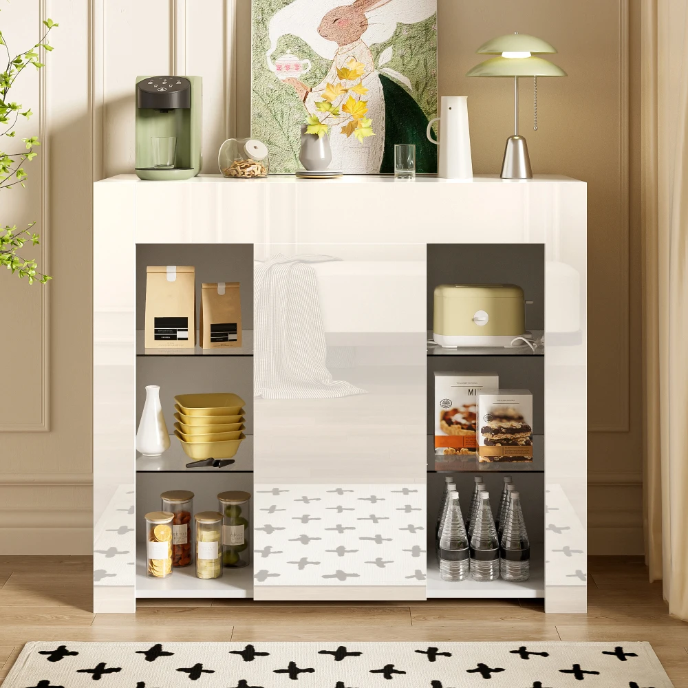 Morden Schwarzes Buffet mit Hochglanzfront, kompakte, stilvolle Aufbewahrungslösung mit Glasböden und Schranktür für das Wohnzimmer – Detail 25