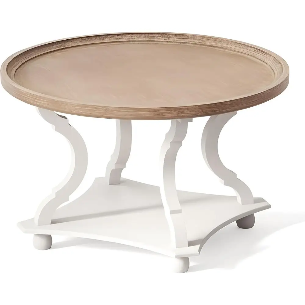 

Rustic Round Armchair Coffee Table with Handcrafted Wood Tray Top and Storage for Living Rooms and Small Spaces, White Circle De
