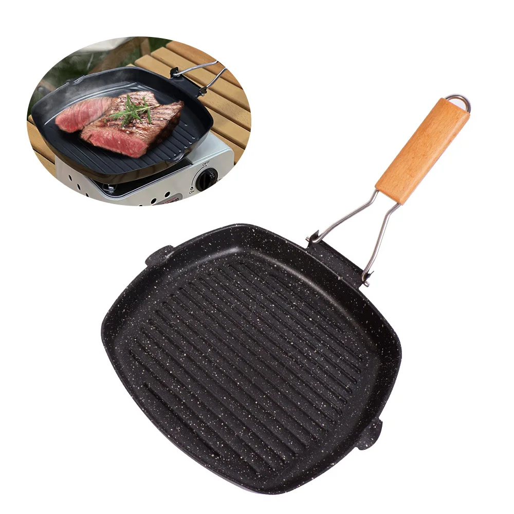 Grillpfanne mit Klappgriff, Antihaft-Grillpfanne für Herdplatten, Induktionsgeeignete Rechteckige KBBQ-Pfanne mit Ausgießern