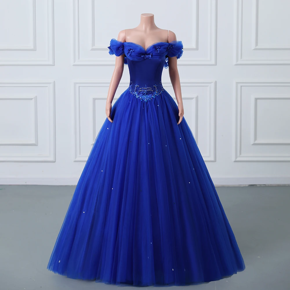 Luxury Crystal Beaded Evening Dresses Royal Blue Tulle Appliques Off Shoulder Formal Party Prom Ball Gowns Lace Up Custom Made