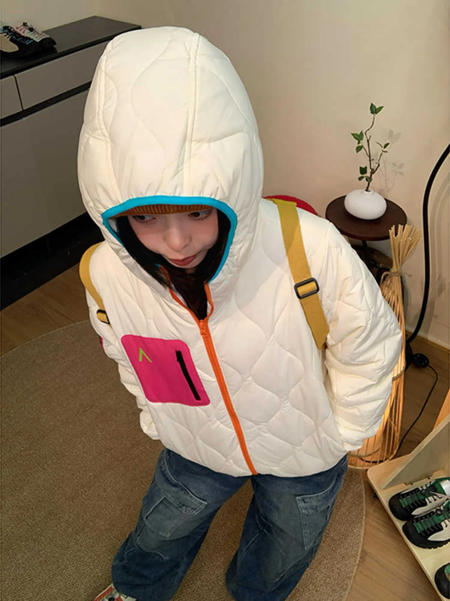 

Optical White Windproof Waterproof Color Blo ket Lightweight Warm down Cotton Jaet Men's Casual Faion Outerwear