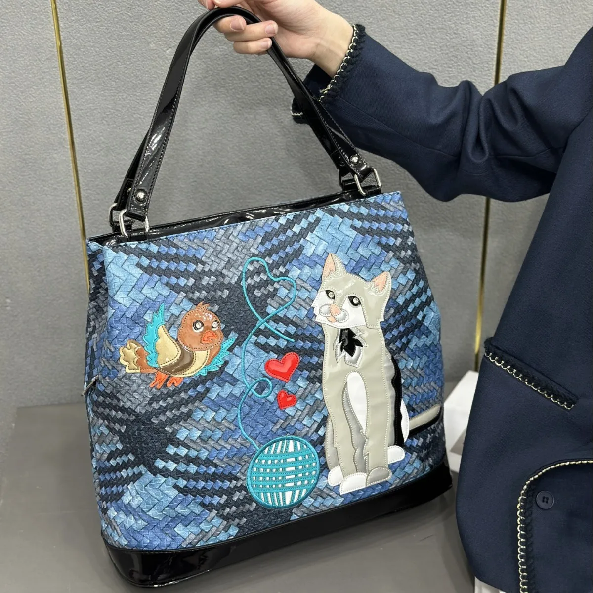 Personalized Woven Spliced Embroidery Cartoon Bag Large Capacity Tote Bag Women Shoulder Crossbody Bag