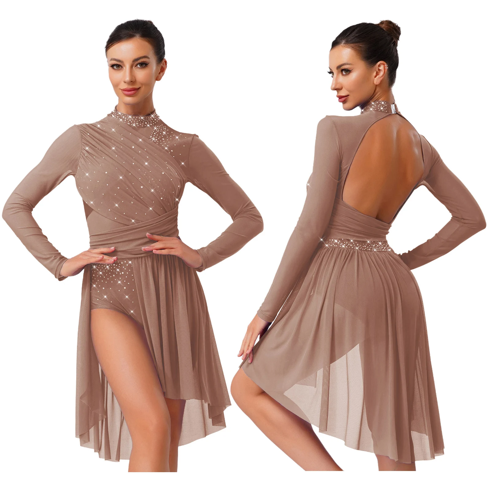 Vrouwen Lyrische Dans Jurk Strass Lange Mouw Ruche Backless Een Stuk Turnpakje Jurk Modern Ballet Hedendaagse Danskostuum