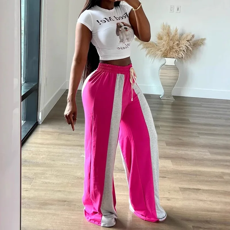 Slergiri Damskie Casualowe Spodnie Rozszerzane ze Sznurkiem, Patchworkowe, Modne na Wiosnę Lato 2025, z Wysokim Stanem, Kolorowe Proste Spodnie