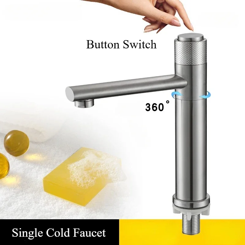 304 Stainless Steel Basin Faucet bathroom Washing Sink Single Cold push-button switch Tap