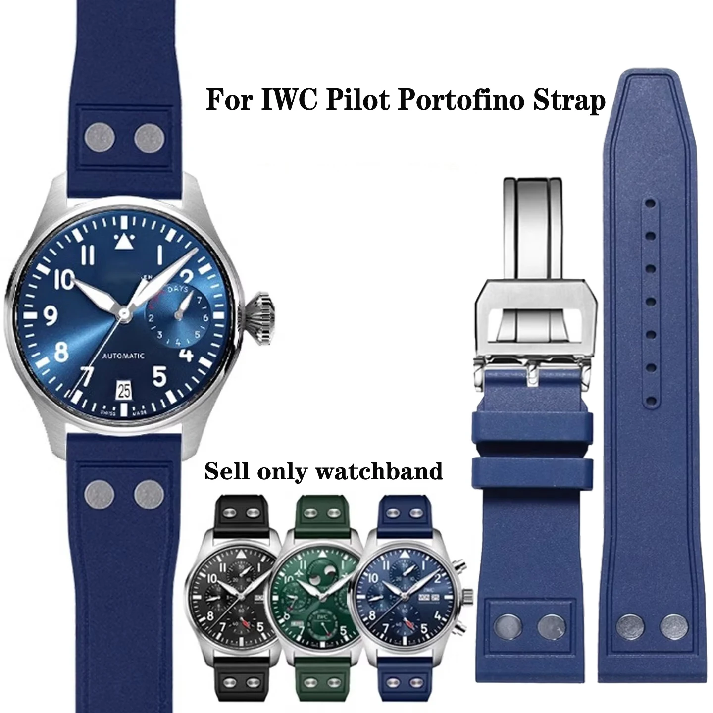 20mm 21MM 22mm Nature Soft Fluororubber FKM Rubber Watchband For IWC Strap Big Pilot Portofino TOP GUN Watch Band With Rivet