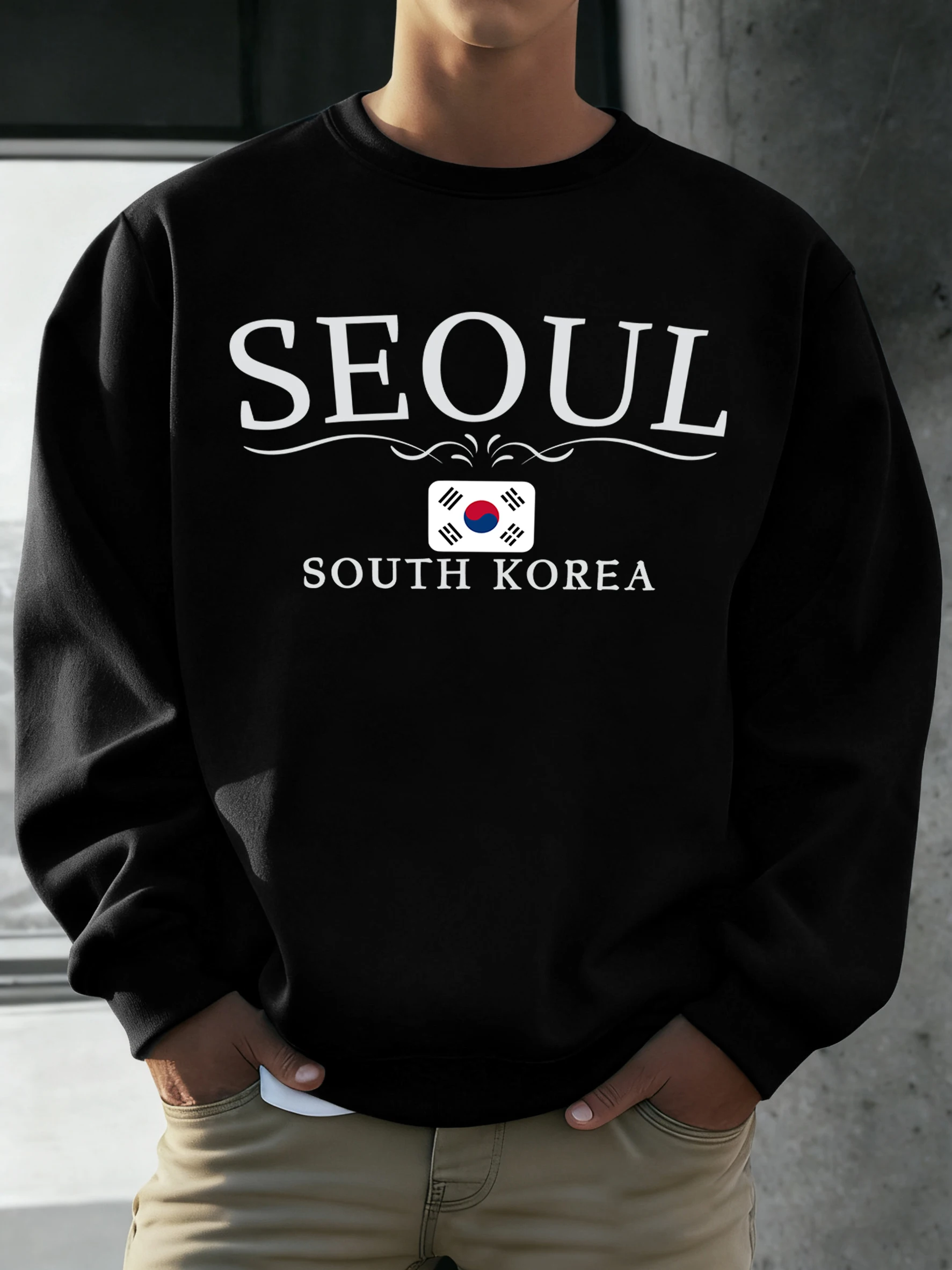 سيول كوريا الجنوبية العلم المطبوعة رجل البلوز عادية فضفاض كم طويل الهيب هوب الصوف البلوفرات للجنسين الرجعية س الرقبة الملابس #2