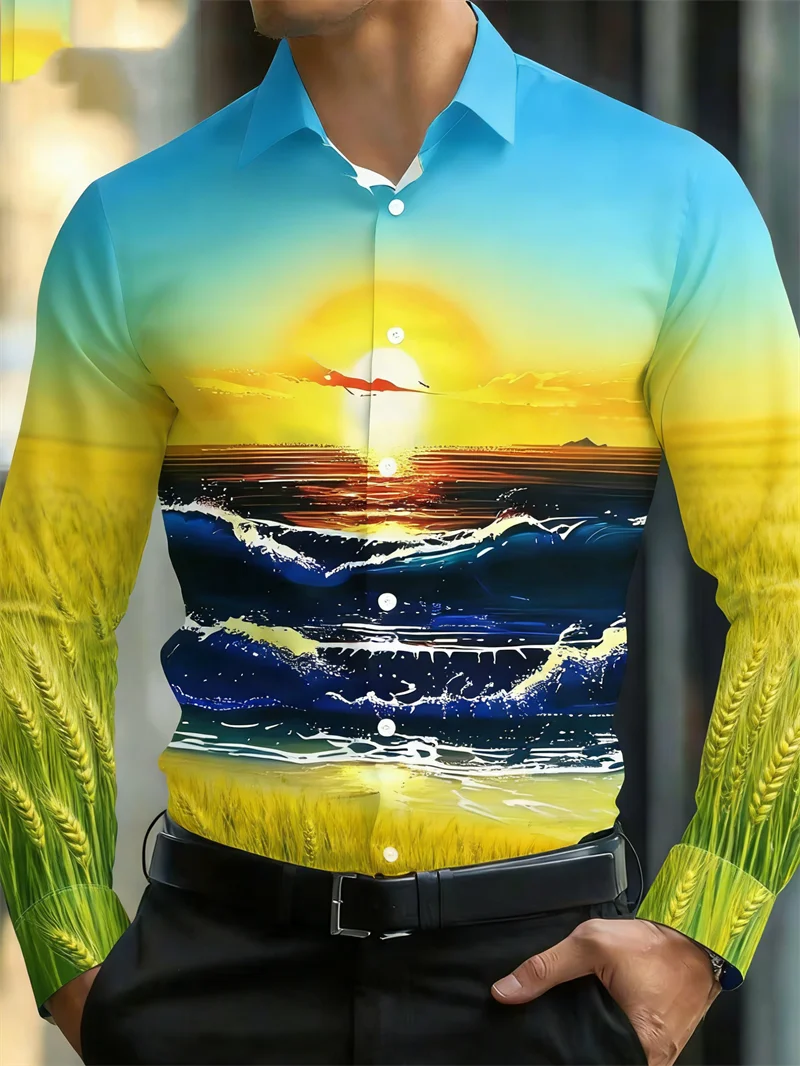 

New Oil Colored Wolf Head Art Oil Painting Printed Men's Long Sleeve Shirt American Retro Style Casual Flower Shirt