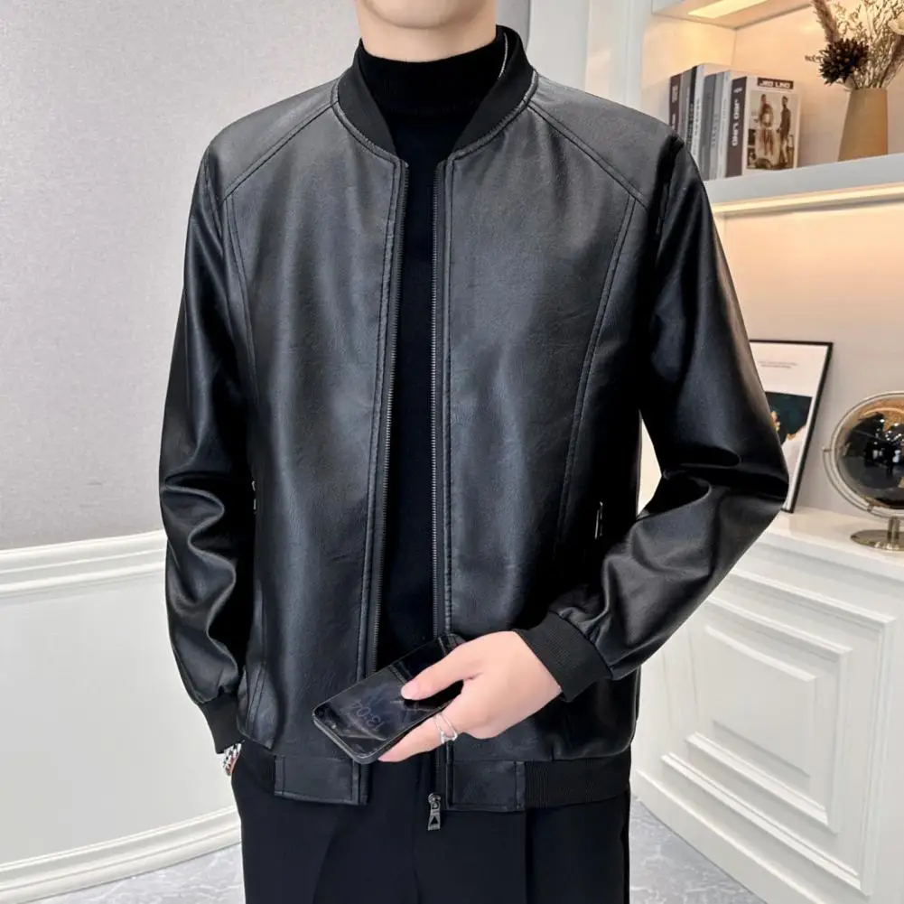 Men Solid Color Jacket Men Faux Leather Jacket Stylish Men\'s Faux Leather Jackets for Sports Office Parties for Autumn