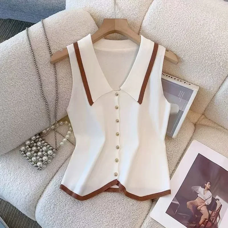 T-Shirt Top Women Summer Sleeveless Lapel Vintage T-Shirts Woman Clothing Y2k Casual Loose All-Match Knitted Vest T Shirt Tees