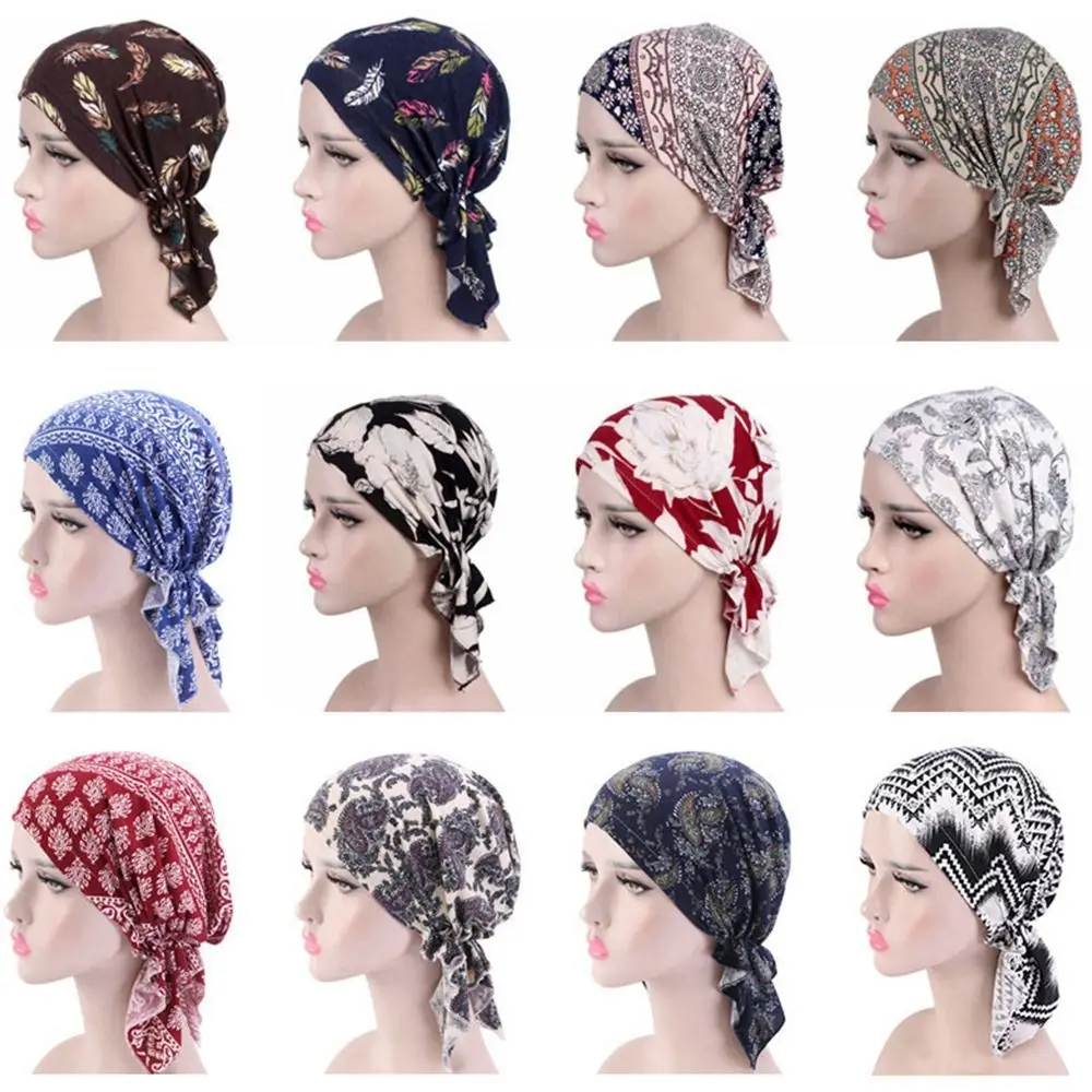 봄 꽃 프린트 터번 여성 국립 바람 면화 모자 두건 화학 요법 모자 수면 모자 Beanies Headwrap 패션 캐주얼