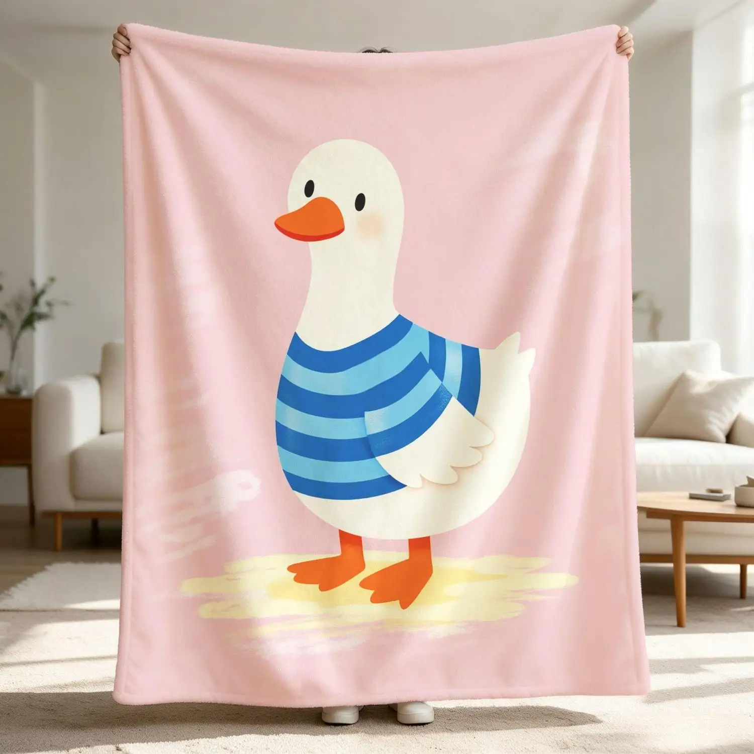 [Flannel Blanket] Cute Duckling Blanket Blue Striped Shirt Soft Pink Flannel Blanket Bedroom Decoration