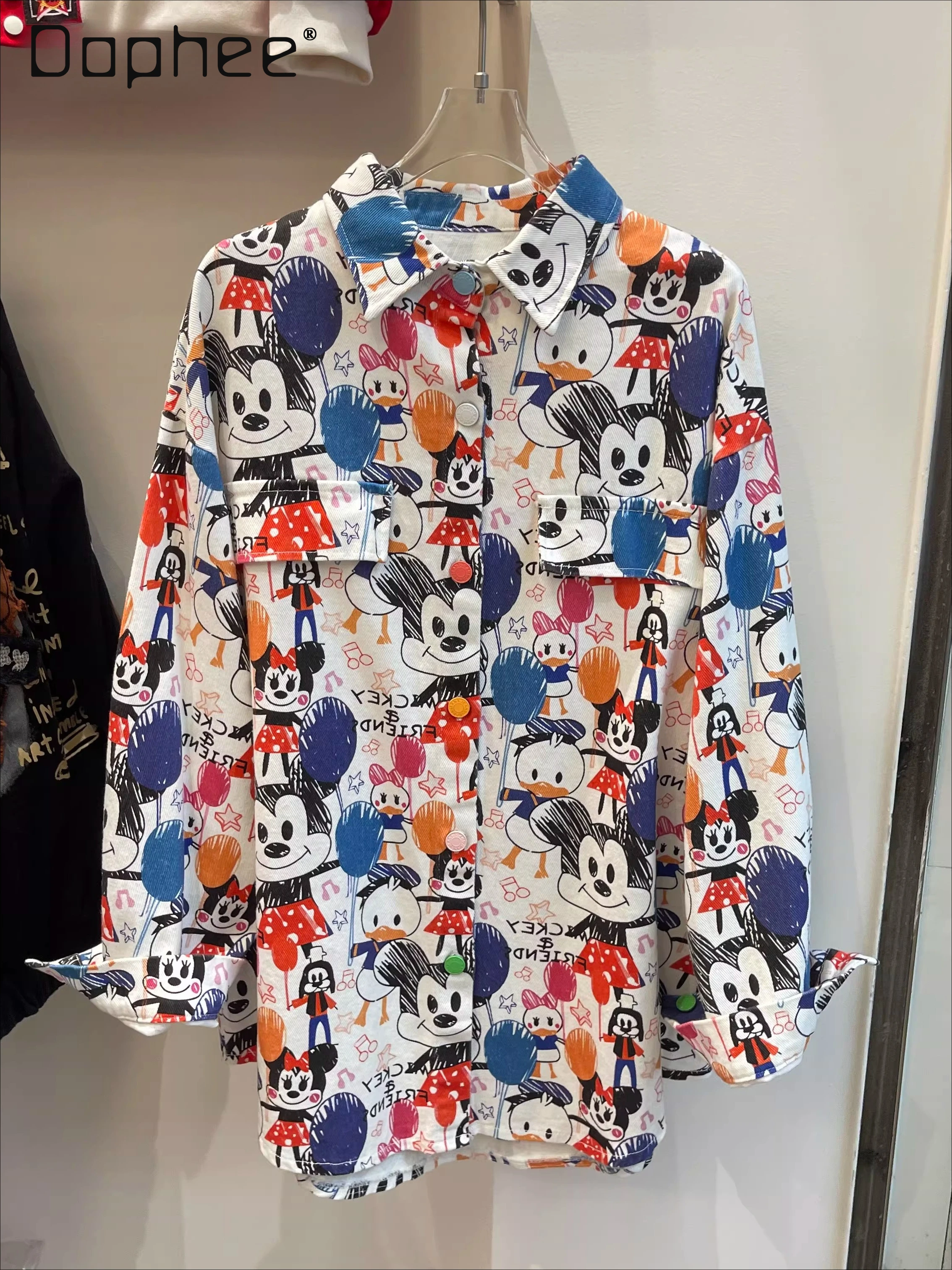 

Cartoon Fun Hand-painted Graffiti Denim Jacket Women's Trendy Brand Loose Print Design Jacket Single-breasted Lapel Top