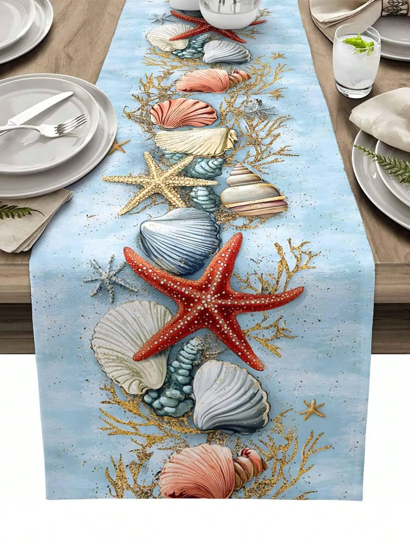 1 Piece of Ocean Dream Theme Table Runner, Blue Background with Colorful Shells, Starfish and Golden Seaweed Patterns for Ocean Theme Parties, Summer Dinner Parties