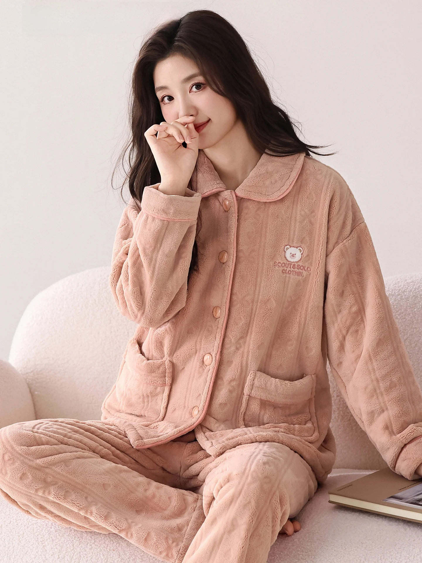 Thickened Coral Fleece Flannel Sleepwear Women's Autumn Winter Home Clothes Outwear Long Sleeve Leisure Style Home Dress