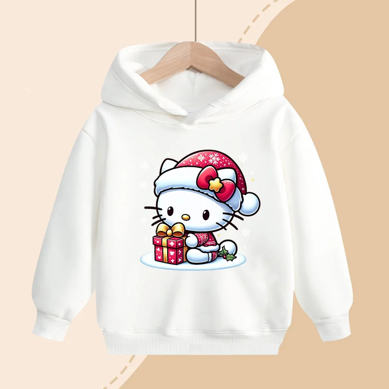 Bluzy z kapturem dla dzieci Sanrio Hello Kitty, z nadrukiem świątecznym, swetry dla dziewczynek, ciepłe i wygodne na zimę, prezenty dla dzieci.