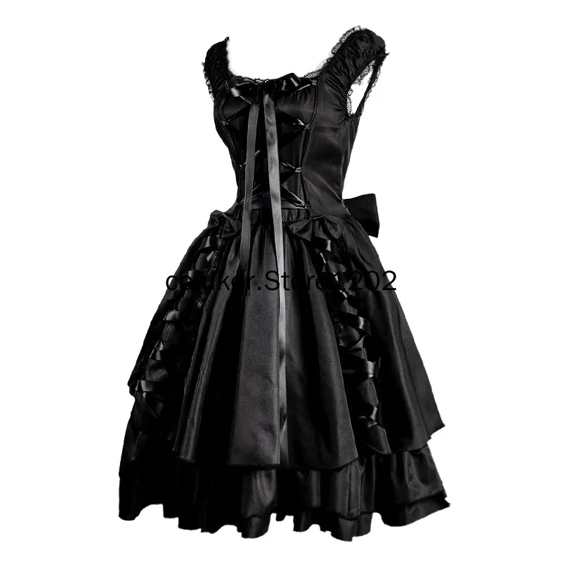 Middeleeuwse Retro Gothic Black Maid Jurk Kant Decoratie Mouwloze Lace Up Jurk Halloween Carnaval Party Vintage Vrouwen Outfits