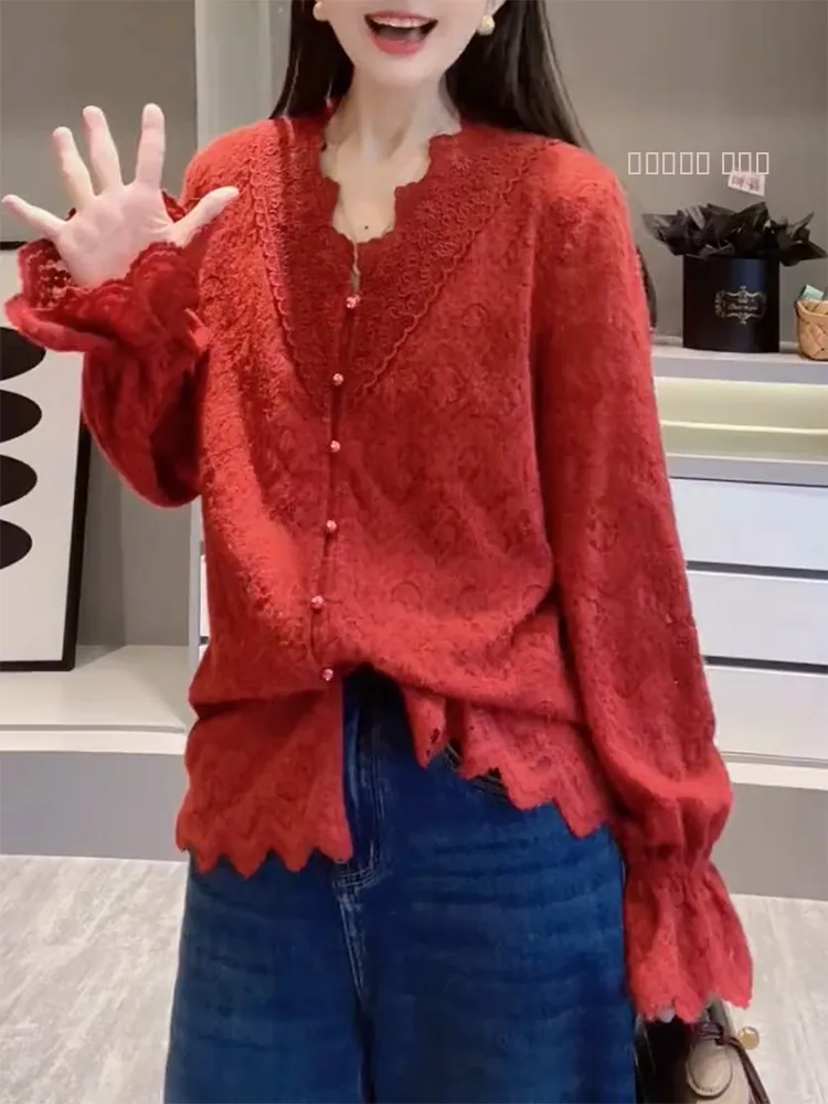 

Женский кружевной свитер с v-образным вырезом в стиле ретро, осенне-зимний новый Sle, универсальный утягивающий топ больших размеров, женский топ-камер