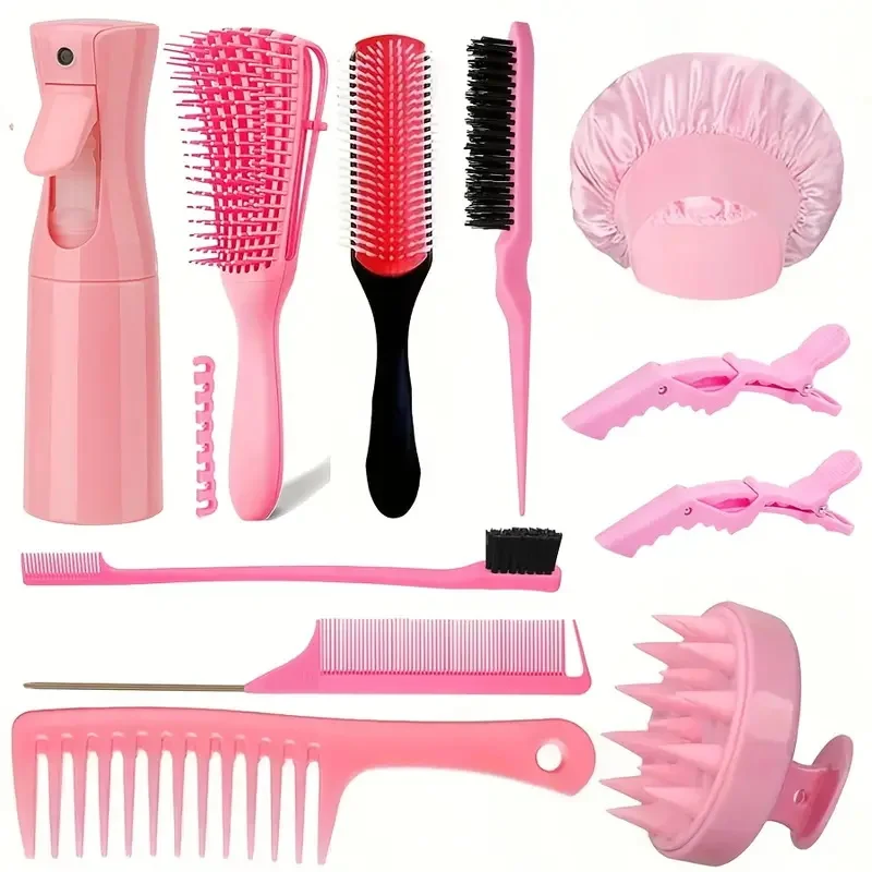 

11pcs Unisex Professional Hair Styling Set - Durable PET Water Spray Bottle, Hollow Out Brush, Shampoo Brush, Rat Tail Comb