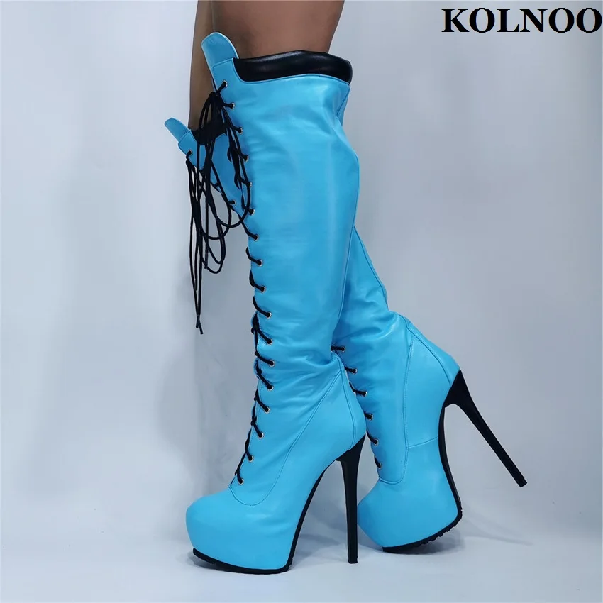 

Kolnoo Handmade Real Picture Women's High Heel Knee-high Boots Shoelace Sexy Platform Evening Booties Party Fashion Winter Shoes