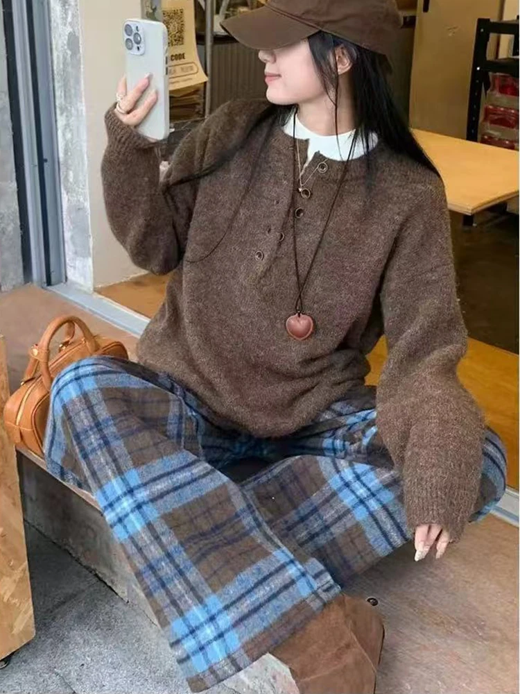 Retro xadrez de lã do falso calças largas perna feminina inverno grosso cintura alta solta calças casuais y2k streetwear todos os jogos misturados